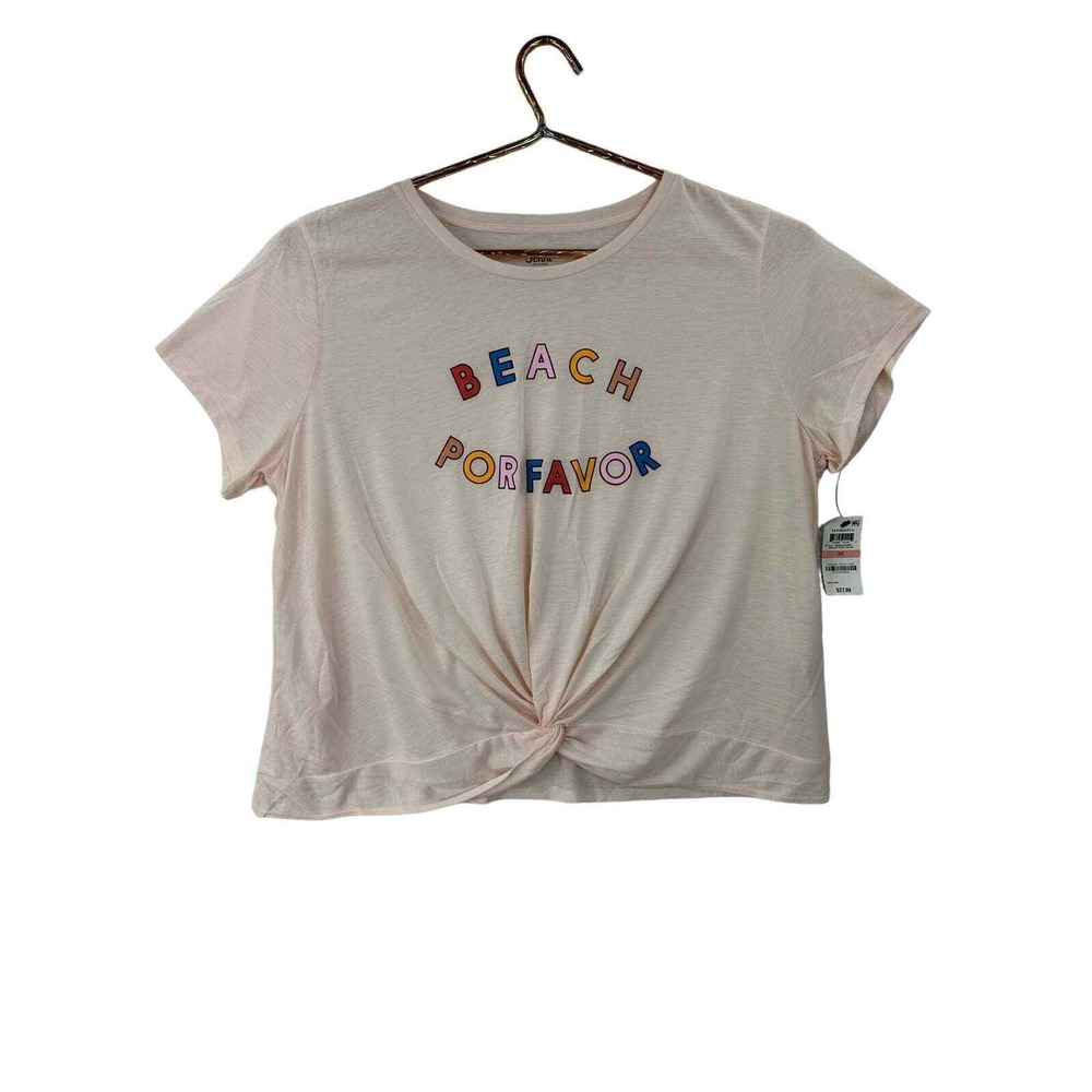 Jenni Graphic T-Shirt Women 2X Pink New Beach Por Favor Twist Front Tee